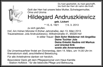 Traueranzeige von Hildegard Andruszkiewicz von Frankenpost