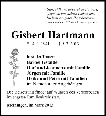 Traueranzeige von Gisbert Hartmann von Südthüringer Presse