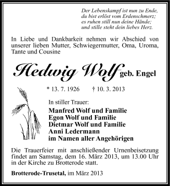 Traueranzeige von Hedwig Wolf von Südthüringer Presse