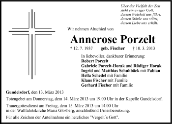 Traueranzeige von Annerose Porzelt von Neue Presse Coburg