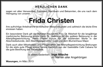 Traueranzeige von Frida Christen von Südthüringer Presse