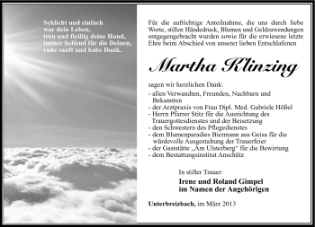 Traueranzeige von Martha Klinzing von Südthüringer Presse
