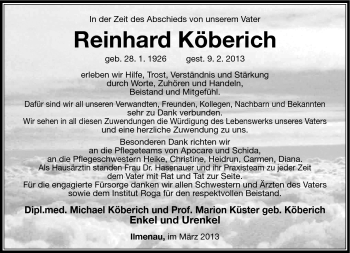 Traueranzeige von Reinhard Köberich von Südthüringer Presse