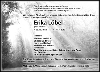 Traueranzeige von Erika Löbel von Südthüringer Presse