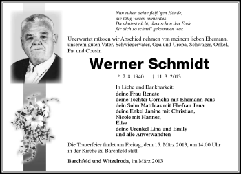 Traueranzeige von Werner Schmidt von Südthüringer Presse