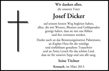 Traueranzeige von Josef Dicker von Neue Presse Coburg