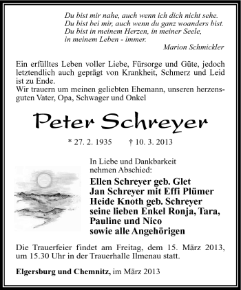Traueranzeige von Peter Schreyer von Südthüringer Presse