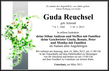 Traueranzeige von Guda Reuchsel von Südthüringer Presse