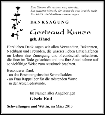 Traueranzeige von Gertraud Kunze von Südthüringer Presse