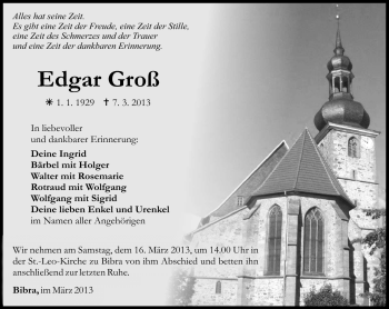 Traueranzeige von Edgar Groß von Südthüringer Presse