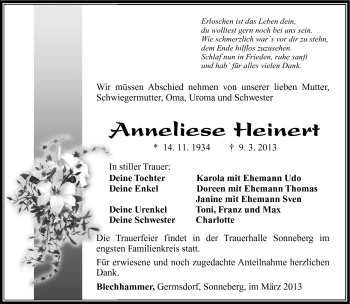 Traueranzeige von Anneliese Heinert von Südthüringer Presse