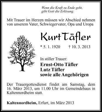 Traueranzeige von Kurt Täfler von Südthüringer Presse