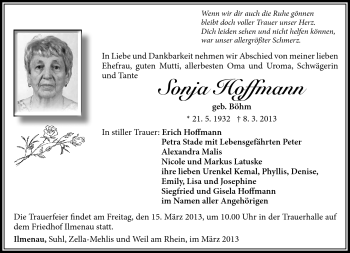Traueranzeige von Sonja Hoffmann von Südthüringer Presse