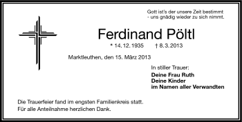 Traueranzeige von Ferdinand Pöltl von Frankenpost