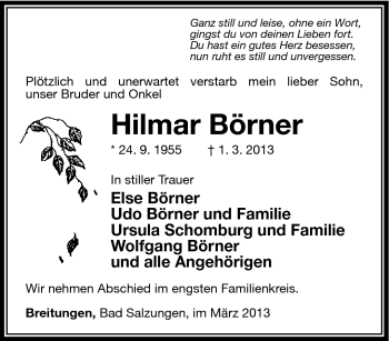 Traueranzeige von Hilmar Börner von Südthüringer Presse
