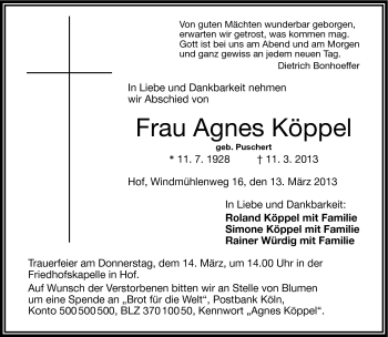 Traueranzeige von Agnes Köppel von Frankenpost