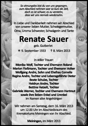 Traueranzeige von Renate Sauer von Südthüringer Presse