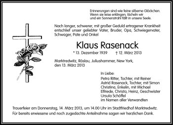 Traueranzeige von Klaus Rasenack von Frankenpost