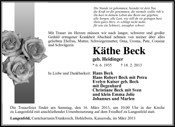 Traueranzeige von Käthe Beck von Südthüringer Presse