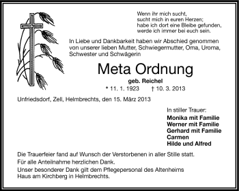 Traueranzeige von Meta Ordnung von Frankenpost