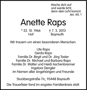Traueranzeige von Anette Raps von Frankenpost