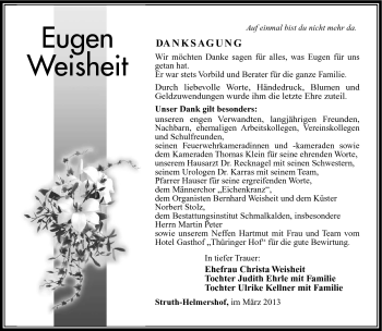 Traueranzeige von Eugen Weisheit von Südthüringer Presse