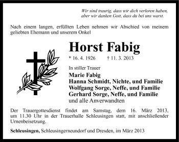 Traueranzeige von Horst Fabig von Südthüringer Presse