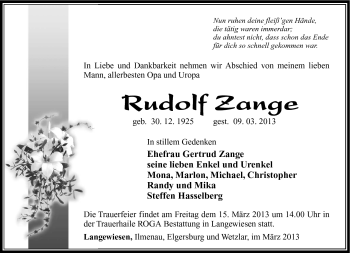 Traueranzeige von Rudolf Zange von Südthüringer Presse