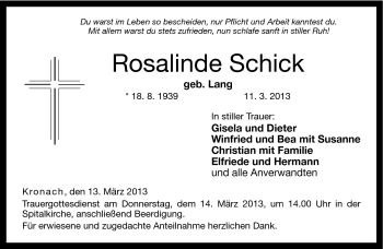 Traueranzeige von Rosalinde Schick von Neue Presse Coburg