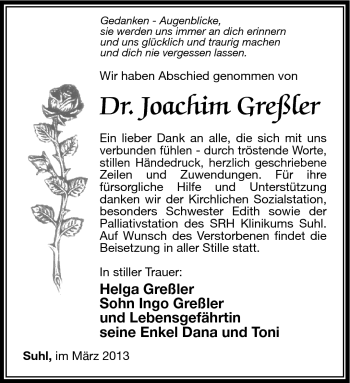 Traueranzeige von Joachim Greßler von Südthüringer Presse