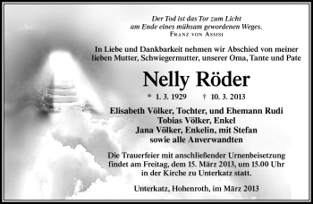 Traueranzeige von Nelly Röder von Südthüringer Presse