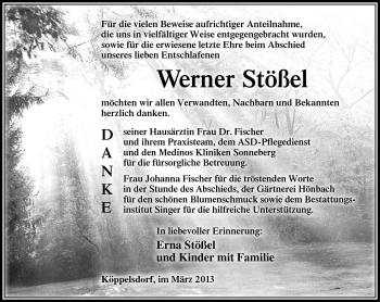 Traueranzeige von werner Stößel von Südthüringer Presse