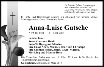 Traueranzeige von Anna-Luise Gutsche von Südthüringer Presse