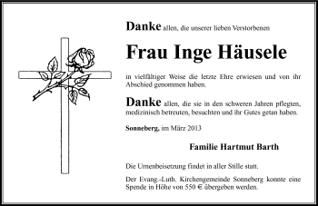 Traueranzeige von Inge Häusele von Südthüringer Presse