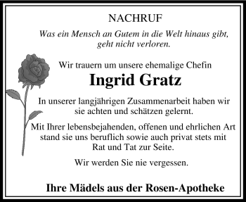 Traueranzeige von Ingrid Gratz von Südthüringer Presse