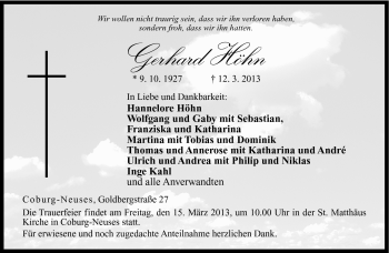 Traueranzeige von Gerhard Höhn von Neue Presse Coburg