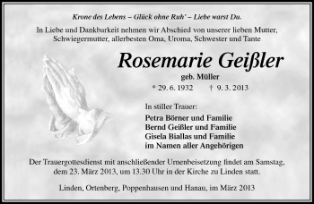 Traueranzeige von Rosemarie Geißler von Südthüringer Presse
