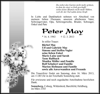 Traueranzeige von Peter May von Südthüringer Presse