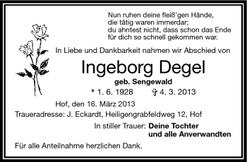 Traueranzeige von Ingeborg Degel von Frankenpost