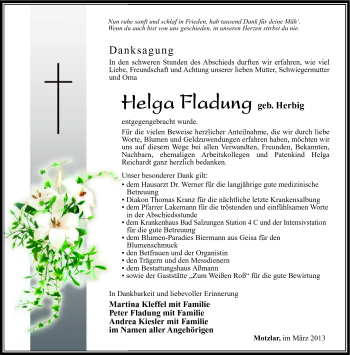 Traueranzeige von Helga Fladung von Südthüringer Presse