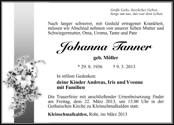 Traueranzeige von Johanna Tanner von Südthüringer Presse