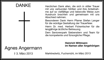 Traueranzeige von Agnes Angermann von Frankenpost