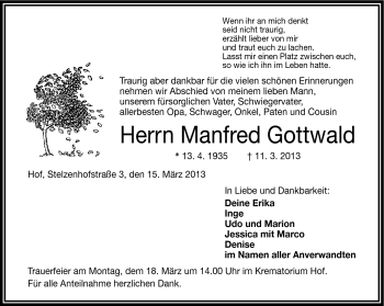 Traueranzeige von Manfred Gottwald von Frankenpost