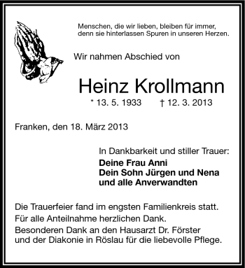 Traueranzeige von Heinz Krollmann von Frankenpost