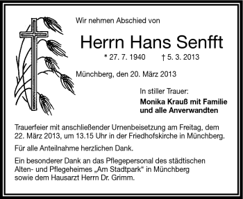 Traueranzeige von Hans Senfft von Frankenpost