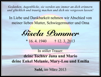 Traueranzeige von gisela Pommer von Südthüringer Presse
