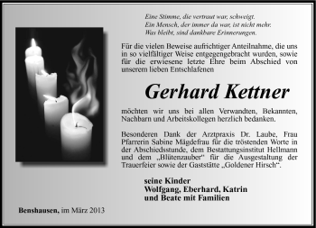 Traueranzeige von Gerhard Kettner von Südthüringer Presse