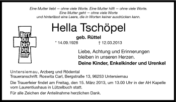 Traueranzeige von Hella Tschöpel von Neue Presse Coburg