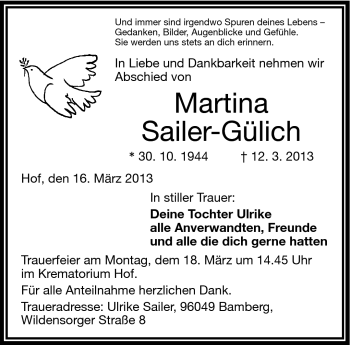 Traueranzeige von Martina Sailer-Gülich von Frankenpost
