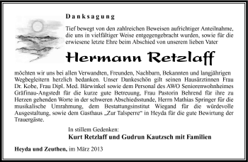 Traueranzeige von Herrmann Retzlaff von Südthüringer Presse